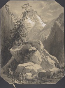 Tres cabras en un paisaje montañoso de Alexandre Calame
