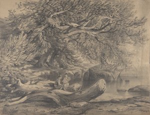 Dos hombres descansando junto a un lago, principios a mediados del siglo XIX de Alexandre Calame