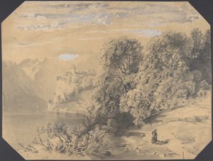 Mujer con un perro junto a un lago de montaña de Alexandre Calame