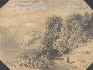 Mujer con un perro junto a un lago de montaña de Alexandre Calame