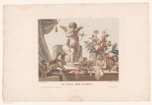 Bodegón sobre una mesa con un perro y una estatua de Cupido Le Dieu des Ladies. (título en el objeto) de Alexandre Chaponnier