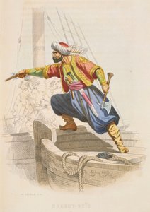 Dragut Reis, el famoso corsario berberisco, se prepara para abordar un buque enemigo en busca de botín, mediados del siglo XIX (grabado coloreado).