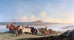 Enganche de caballos tirando barcos por el Ródano, c. 1825-1870 de Alexandre Dubuisson