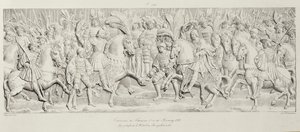 Encuentro de Francisco I y Enrique VIII en el Campo del Paño de Oro, después del relieve de piedra tallada en el Hotel de Bourgtheroulde, Rouen, Normandía, 1501-37, grabado por Godefroy Engelmann de Alexandre Evariste Fragonard