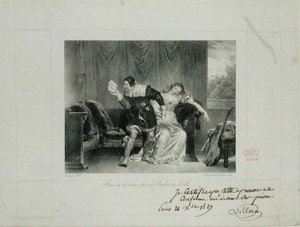 Escena de la carta de la ópera El barbero de Sevilla de Rossini grabada por Villain de Sevres