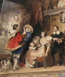 Joven admirando un retrato de una dama y su pequeña hija de Alexandre Evariste Fragonard