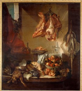 Interior de cocina con bodegón de caza, frutas y carne