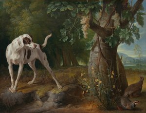 Perro Apuntando Perdices en un Paisaje