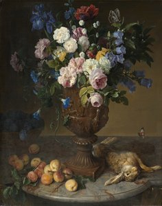 Urna de Flores con Frutas y Liebre