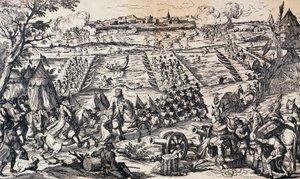 El ejército de Luis XV cruzando el Rin y atacando la línea defensiva en Ettlingen, 1-4 de mayo de Nicolas Toussaint Charlet