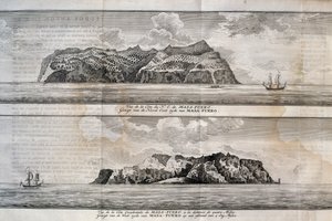Vista de la Isla Alejandro Selkirk o Isla Más Afuera, Archipiélago Juan Fernández, Chile, grabado de Nicolas Toussaint Charlet