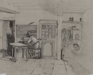 A Farmhouse Interior with a Boy at a Table de Alexandre Gabriel Decamps
