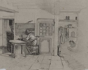 Interior de una casa de campo con un niño en una mesa, c. 1846 de Alexandre Gabriel Decamps
