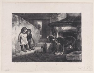 Niños asustados por un perro gruñendo, de la serie Escenas de caza de Alexandre Gabriel Decamps