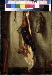 ""Bodegón de gallo y liebre, colgando de un gancho, y farol"" Pintura de Alexandre-Gabriel Decamps (Alexandre Gabriel) (1803-1860) Siglo XIX Dim. 28x24 cm Museo del Hermitage, San Petersburgo (San Petersburgo)