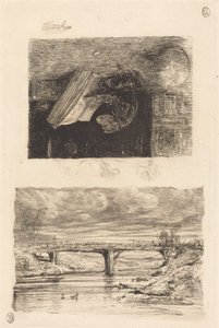 Paisaje Fluvial con un Puente; Mono Pasando las Páginas de un Libro de Alexandre Gabriel Decamps