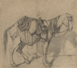Caballo de carga de pie con cestas laterales y una jarra de Alexandre Gabriel Decamps