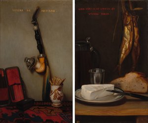 Still Life with Pipe and Matches and Still Life with Herring, Bread, and Cheese (pair) de Alexandre Gabriel Decamps
