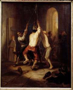 Los tonos. Hombres tiran de la cuerda para tocar las campanas de Alexandre Gabriel Decamps