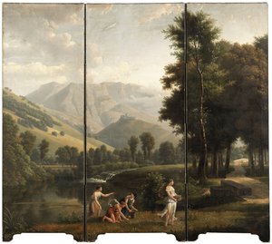 Un paisaje arcadiano con doncellas recogiendo flores junto a un río, un castillo en la cima de una colina más allá de Alexandre Hyacinthe Dunouy
