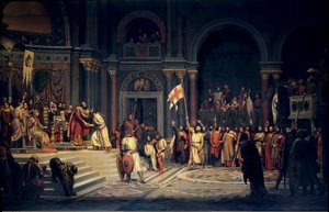 Primera cruzada: Godefroy de Bouillon rindiendo homenaje al Emperador Bizantino Alejo I Comneno en Constantinopla