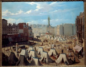Campamento de tropas en el Boulevard du Temple durante los días de junio de 1848. Vista de París durante la revolución de 1848