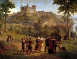 Vista del castillo de Pau donde nació Enrique IV tomada desde el gran parque. Detalle que representa a un grupo de personas probablemente compuesto por Juana de Albret y Antonio de Borbón presentando a su hijo Enrique (posteriormente el rey Enrique IV) inf de Alexandre Louis Robert Millin du Perreux