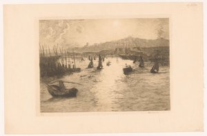 Puerto con puesta de sol de Alexandre Lunois (signed by artist)