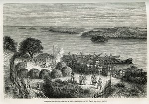 Campamento fortificado de la expedición para protegerse de los caníbales Mouana Ntaba, cerca del río Leopold (Congo), dibujo de A. De Bar, para ilustrar la historia A través del Continente Misterioso, un viaje realizado entre 1874-1877, por Sir H.M. Stanle