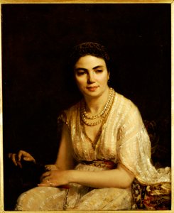 Retrato de una Mujer con Collar de Perlas y Abanico de Alexei Alexevich Harlamoff