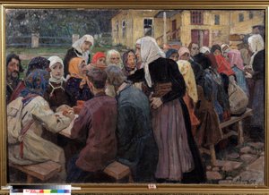 La comida. Una larga mesa instalada en el jardín, para servir el almuerzo a una multitud de personas, las mujeres de turno visten pañuelos blancos. Pintura de Alexei Mikhaylovich Korin (Korine) (1865-1923), óleo sobre lienzo de Alexei Mikhailovich Korin