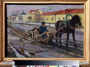 Trineo tirado por caballos (Sleigh Ride). En la calle de un pueblo ruso, en invierno, un hombre conduce un equipo. Pintura de Alexei Mikhaylovich Korin (Korine) (1865-1923), óleo sobre lienzo de Alexei Mikhailovich Korin