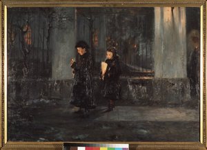 El Jueves Santo. Dos niñas, con velas en la mano, al anochecer, van a la iglesia para la celebración de la Pascua. Pintura de Alexei Nikolaievich Ostrogradsky (1867-1943), óleo sobre lienzo de Alexei Nikolayevich Ostrogradsky