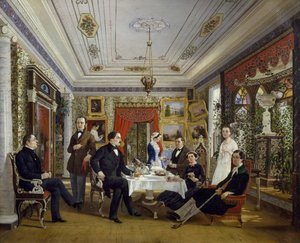 La familia Tarnovskj tomando el té en la mesa de Alexei Yakovlevich Voloskov
