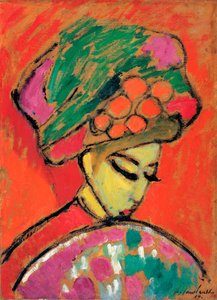 Chica joven con sombrero de flores - Pintura de Alexei von Javlensky (1864-1941) óleo sobre cartón, 67,5x49 cm de Alexej von Jawlensky