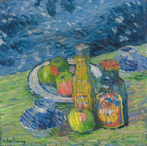 Naturaleza muerta con botellas y frutas de Alexej von Jawlensky