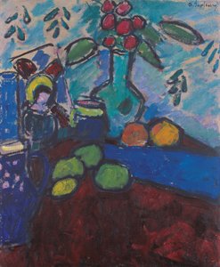 Bodegón con pintura sobre vidrio al revés, jarrón verde y fruta de Alexej von Jawlensky