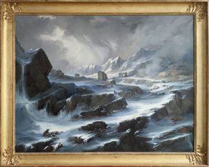 En los Alpes, entre el Valle de Aosta en Italia y el Valle de Entremont en Suiza, se encuentra el Col du Grand Saint Bernard, una escena romántica que representa el paso de montaña nevado, con su hospicio y un perro San Bernardo que rescata a los viajeros 