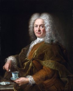 Retrato de un caballero sosteniendo una taza de chocolate - Pintura de Alexis Simon Belle de Alexis Simon Belle