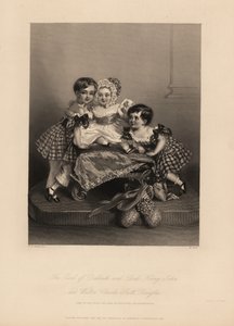 Conde de Dalkeith (William Henry), Henry John y Walter Charles Scott Douglas, hijos del 5º Duque de Buccleuch, 7º Duque de Queensberry. Dos hijos visten vestidos de tartán con cintas, con el más joven en un gorro y vestido de satén. Grabado en acero por H.