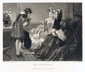 La confesión, relativa a un cuento del mismo título, una mujer con un gran vestido negro se inclina hacia delante para escuchar la confesión de un joven, que se cubre la cara con las manos de Alfred Edward (after) Chalon