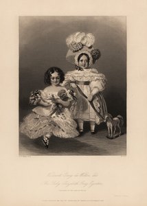 Vizconde Grey de Wilton y Elizabeth Grey Egerton, hijos de Thomas Egerton, 2º Conde de Wilton. Hija con rizos y vestido con volantes sosteniendo una muñeca, y hijo con vestido y gorro de plumas sosteniendo una cinta atada a un caballo de juguete. Grabado e