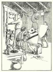 Merrie England: Pintar escudos y sobretodos (litografía) de Alfred (after) Pearse