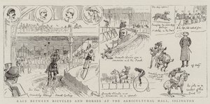 Carrera entre bicicletas y caballos en el Agricultural Hall, Islington