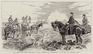 La batería de mulas de montaña, formada recientemente en Aldershot, en acción en el Campamento de César de Alfred Chantrey Corbould