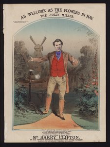 Tan bienvenido como las flores en mayo, o El alegre molinero, compuesto y cantado por Harry Clifton, portada de música victoriana de Alfred Concanen