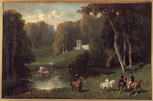 Jinetes y Amazonas en las orillas de un lago Pintura de Alfred de Dreux (1810-1860) de Alfred Dedreux