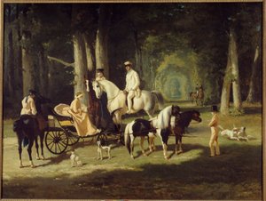 El Sr. y la Sra. A. Mosselman y sus dos hijas paseando a caballo por el bosque de Alfred Dedreux