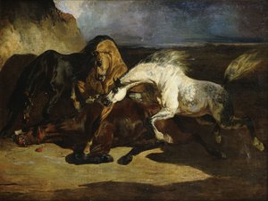 Caballos luchando en un paisaje tormentoso