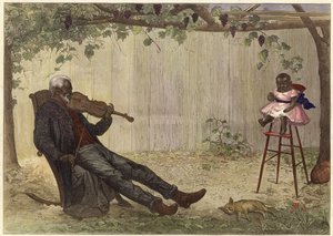 Viejo negro tocando el violín a un bebé (grabado en color) de Alfred Edward (after) Emslie